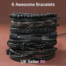 6 Mens Real Leather Bracelets Braided Wristbands Bangle Punk Beaded Surfer Gift