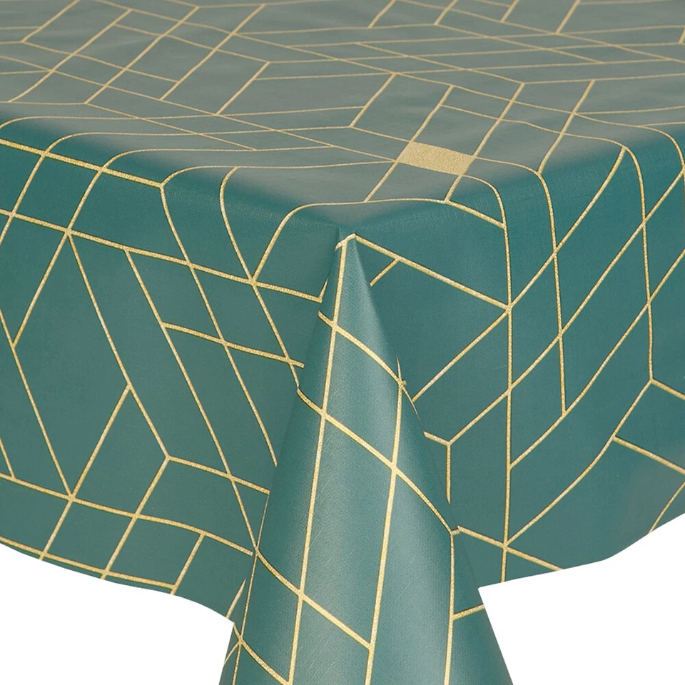 PVC RHOMBA TEAL TABLE CLOTH GEOMETRIC JADE GREEN GOLD RETRO GEO WIPE ABLE - Image 1 of 1
