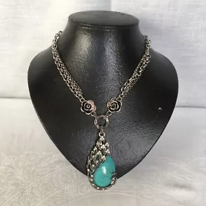 Ladies Peacock Design Large Pendant Necklace Faux Turquoise Sparkly - Picture 1 of 16