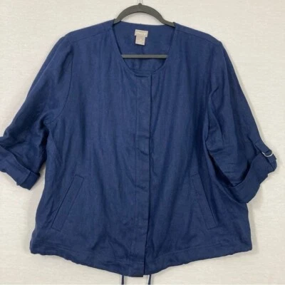 Chico's Navy 100% Linen Snap Button Round Neck Rolled Tab Jacket size 16/18P - Image 1 of 4