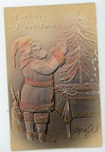 Antigua postal de Navidad de Papá Noel en relieve árbol decorativo  - Imagen 1 de 3