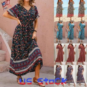 Women's Boho Floral Maxi Long Dress Summer Beach Party Holiday Loose Sundress US - Picture 1 of 20