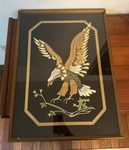 Unique 1970s Large Vintage Beaded Embroidered Textile Art Framed Eagle Gold 24” - Picture 1 of 15