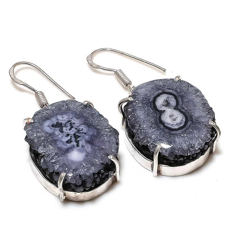 Black Solar Quartz Druzy Gemstone Silver Plated Dangle Earrings Jewelry 2" - Image 1 of 1