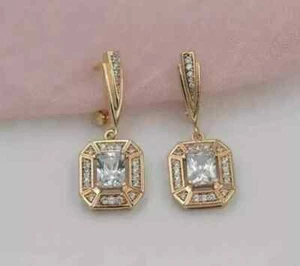 Emerald Cut Lab Created Diamond Drop/Dangle New Earring 14k Yellow Gold Finish - Picture 1 of 8