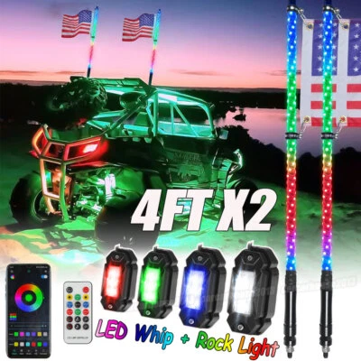 Bluetooth Pair 4ft RGB Spiral LED Whip Lights + Pods RGB Rock Lights ATV UTV RZR - Image 1 of 4