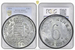 Germany, Saxe-Coburg-Gotha, Ernst I, 6 Kreuzer 1834, Top Pop, PCGS MS 63 - Picture 1 of 8