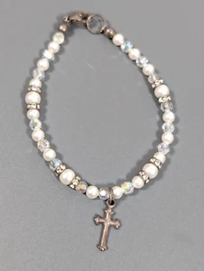 Sterling Silver 925 Cross Charm White Faux Pearl Rhinestone Bracelet 6.5 inch - Picture 1 of 9