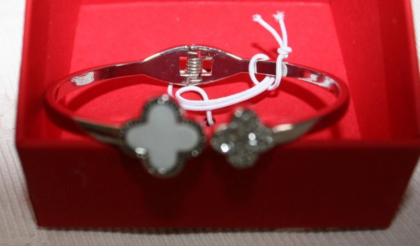 METAL Mother of Pearl CUBIC ZIRCONIA CUFF OPEN BRACELET Clover shaped ends NIB - Image 1 of 1