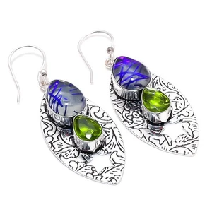 Blue Rutile, Peridot Gemstone 925 Sterling Silver Jewelry Earring 2.36 " - Picture 1 of 5