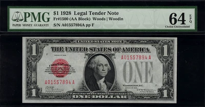 1928 $1 Legal Tender FR-1500 - Red Seal - Graded PMG 64 EPQ Choice Uncirculated - Image 1 of 2