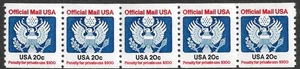 USA Briefmarke #O135 20c. Eagle Official Coil Strip of 5 MNH - Bild 1 von 1