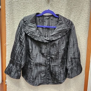 Samuel Dong Black Metallic Taffeta Stretch Ruffled Long Sleeve Button Shirt SZ L - Picture 1 of 8