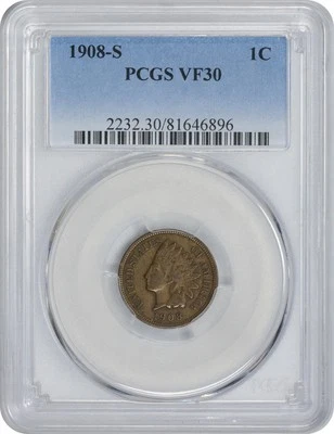 1908-S Indian Cent VF30 PCGS - Image 1 of 2