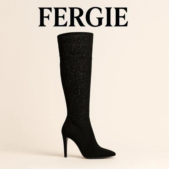 Botas por encima de la rodilla Fergie Destiny para mujer negras gamuza perforadas holgadas pull-on Foto 1 de 4