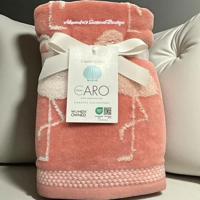 Caro Flamingo Pink Coral & White Hand Towels Bathroom Set 2 Coastal Collection ￼ - Image 1 of 4