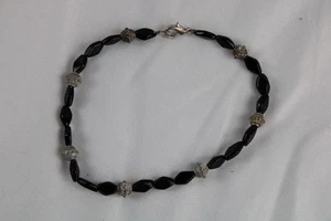 10"VINTAGE BLACK ONYX STONE ANKLET,BRACELET,RUSTIC,SILVERTONE METAL,LOBSTER CLAS - Picture 1 of 3