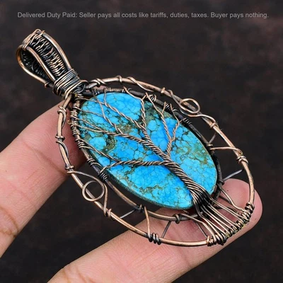 Pingente de cobre oval tibetano turquesa pedra fio envolto árvore da vida joia - Imagem 1 de 4
