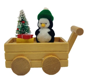 1993 ENESCO Christmas Holiday Flocked PENGUIN ORNAMENT in Wood Wagon BOX - Picture 1 of 6