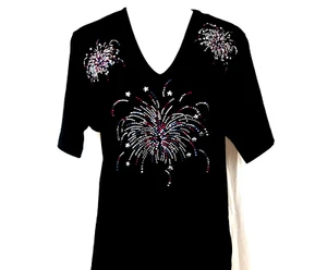 S - XL Top Memorial Day Patriotic Fireworks Design Short or 3/4 Sleeve - Picture 1 of 9