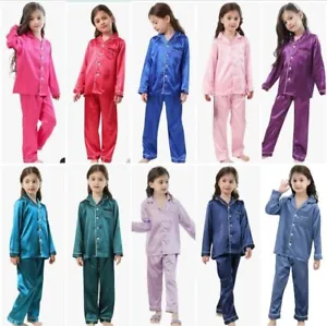 Pajamas Kids Pjs Set Girls Silk Pijamas Set Satin Long Sleeve 2 Piece. 4-12t - Picture 1 of 23