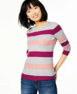 NUOVO MAGLIONE CHARTERS CLUB GRIGIO RIGHE ROSA 100% CASHMERE TAGLIA L $179 - Foto 1 di 1