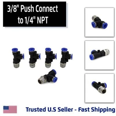 ALTANTIC VALVES 5 Pack, Run Tee Pneumatic Fitting, Push Connect 3/8" Tube to 1/4"NPT