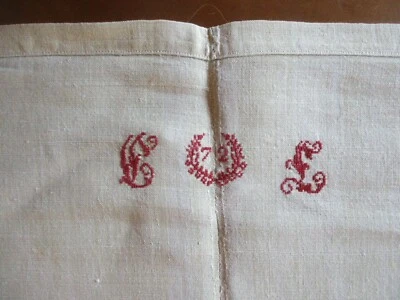 Drap N°366 ancien de milieu en fil de lin monogramme rouge CL72   198 X 320 Cm - Photo 1/4