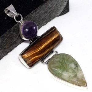 925 Silver Plated Tiger Eye Chrysoprase Ethnic Pendant Jewelry Size 3" AU S282 - Picture 1 of 3