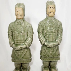 2 LONGQUAN CELADON CRACKLED ICE GLAZE & BISCUIT SIGNED CHINESE WARRIOR FIGURINES - Picture 1 of 12