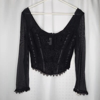 Flora Nikrooz Corset Large Black Lace Mesh Boning Long Sleeve Gothic Witchy - Image 1 of 4