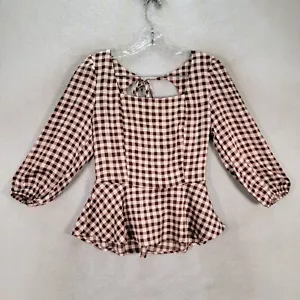 Camicetta donna marrone Gingham raso smocked peplo manica a palloncino nuova taglia M - Foto 1 di 22