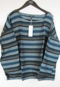 Eileen Fisher Plus Size 2X Teal Linen Top Multi Stripe 3/4 Sleeve NWT $238 - Picture 1 of 5