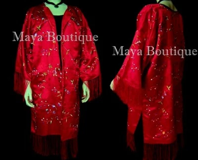 Chaqueta Kimono Roja Bordada Flecos Abrigo Forrado Maya Matazaro Hecha en EE. UU. Foto 1 de 4