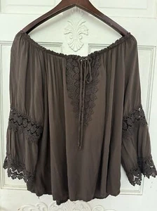 Tesoro Vintage Italian Blouse Boho Brown Crochet Trim One Size Made in Italy - Picture 1 of 5