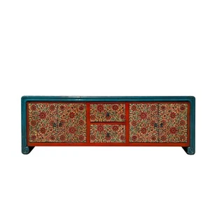 Chinese Tibetan Teal Blue Orange Floral Graphic Low TV Console Table cs7609 - Picture 1 of 5