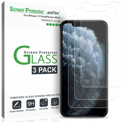 amFilm (3 Pack) Tempered Glass Screen Protector Film for iPhone 11 Pro, 10S, 10 - Image 1 of 4