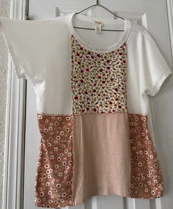 Women's Mix Floral Waffle Knit Top Blouse Block Short Sleeve Round Neck Size L - Picture 1 of 8