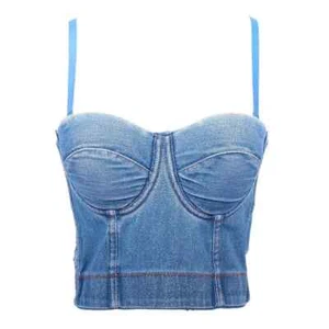 WOMEN DENIM TANK BUSTIER BRA BRALETTE CORSET CROP TOP SPAGHETTI STRAPS PUNK - Picture 1 of 10