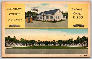 Postcard Ludowici Georgia c1940s Rainbow Motor Cours Dual View Shell Gas Pumps - Picture 1 of 2
