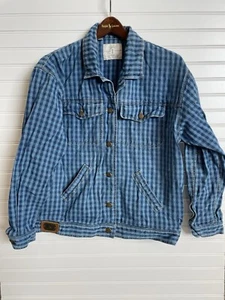 Vintage Basic First Issue Blue Checked Denim Jacket Coat 100% Cotton Size Medium - Picture 1 of 8