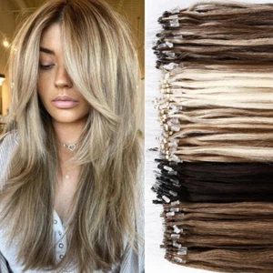 100% Real Remy Human Hair Extensions Micro Loop Ring Hidden Beads Short-Long 18" - Picture 1 of 32