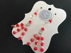 RED LONG DROP DANGLE PEARL AND CRYSTAL GLASS BEAD EARRINGS FASHION JEWELRY - Picture 1 of 9