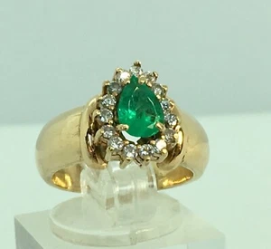 Natural Colombian Pear Emerald & Diamonds Solitaire Ring Y.G - Picture 1 of 4