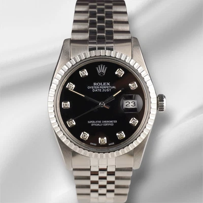 Rolex 36 mm Datejust Stahl motorgedrehtes schwarzes Zifferblatt Uhr - Bild 1 von 4