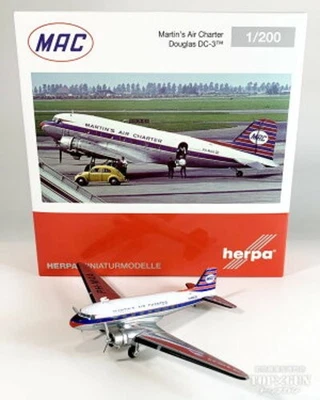 Herpa 1/200 DC-3 Martinair PH-MAA modello pressofuso con supporto 573566 - Immagine 1 di 4