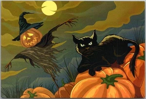 Halloween-Themed Oriental City 4x6 Postcard Jack O'Lantern Scarecrow / Black Cat - Picture 1 of 2