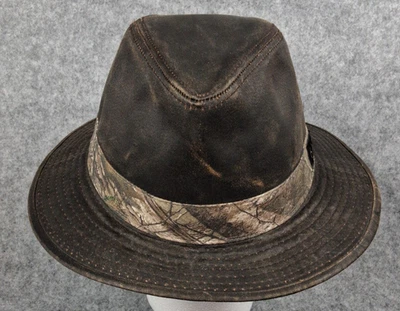 Indiania Jones Fedora Hat Men L/XL Brown Distressed Leather Camouflage Cap - Image 1 of 4