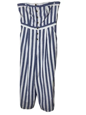 Mono American Eagle sin tirantes mezcla de lino para mujer M azul blanco rayas costero Foto 1 de 4