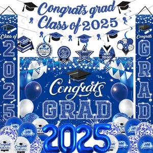 Graduation Decorations Class of 2025, Blue White Graduation Party Supplies In... - Picture 1 of 6